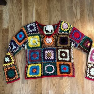 Vintage Express Tricot Granny Square Crochet Sweater Size M